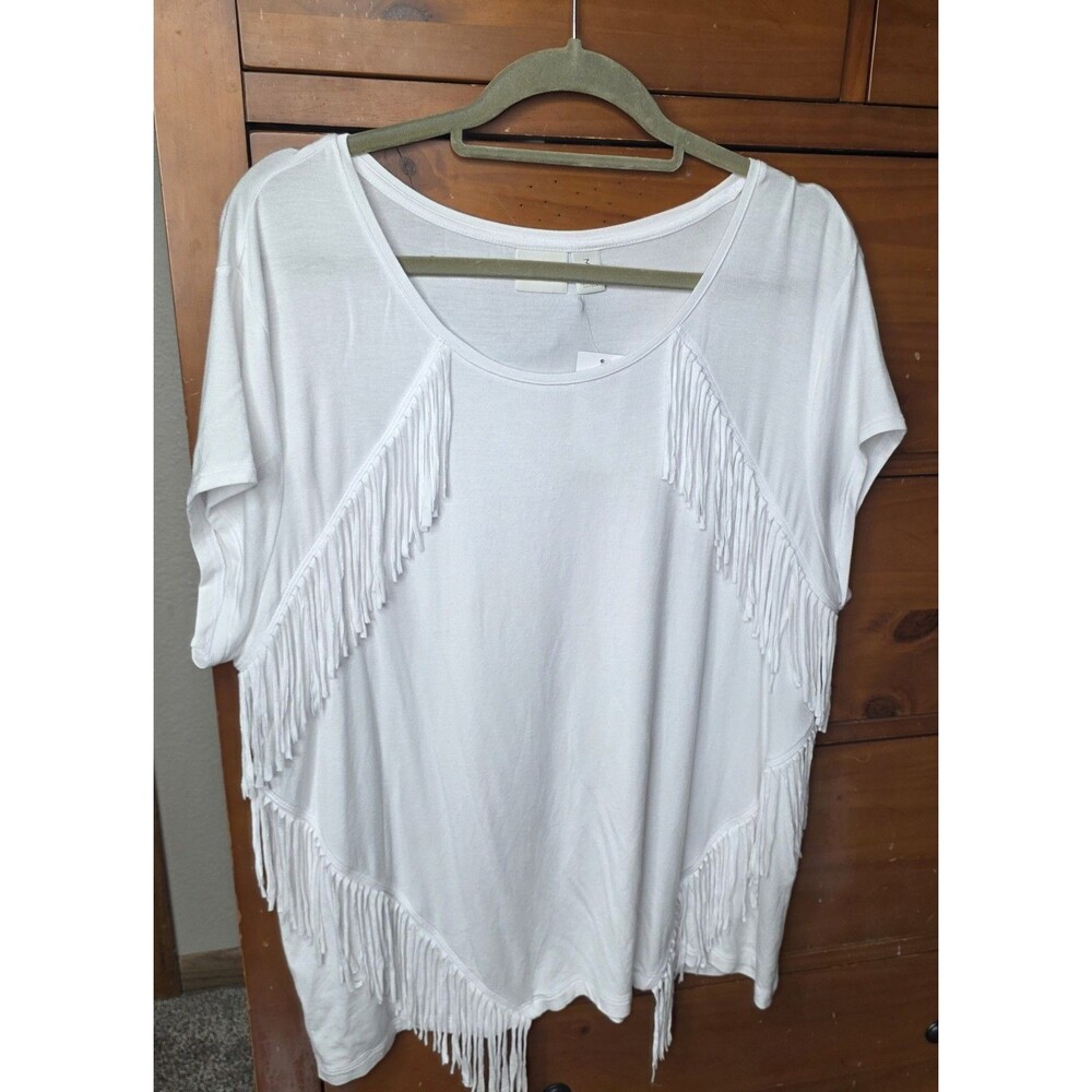 NWT Zenergy by Chico's Fringe Tee Size 3 (XL) White Boho Neutral Short Sleeve